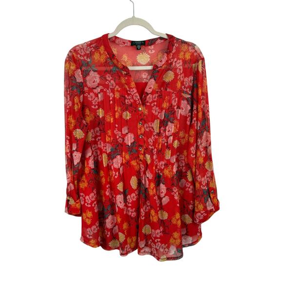 Cocomo Red Floral Liquid Knit Slinky Popover Blouse Preppy Office Womens Plus 2x - Picture 1 of 5